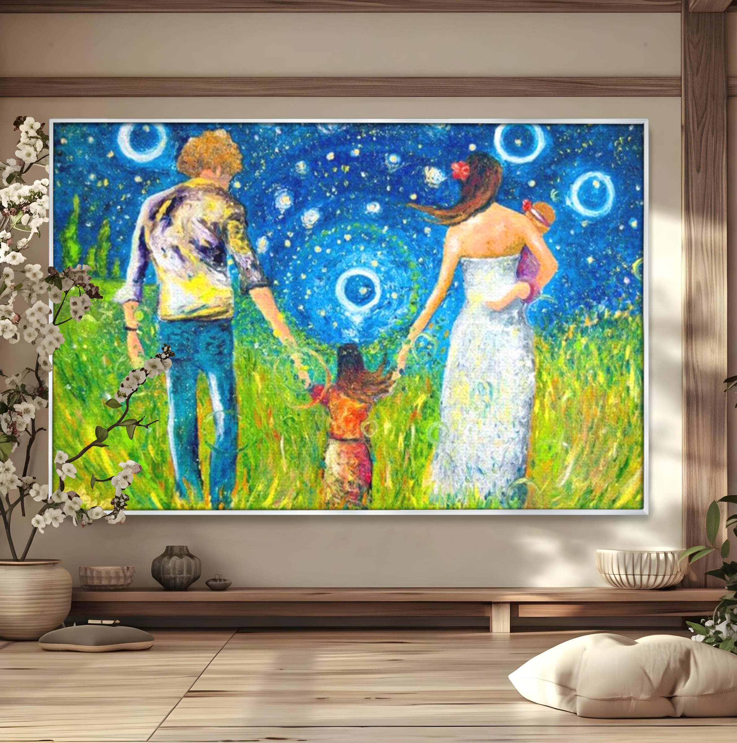 Tablou canvas cu pictura cu familie pe camp sub cer instelat, in rama de aluminiu argintiu